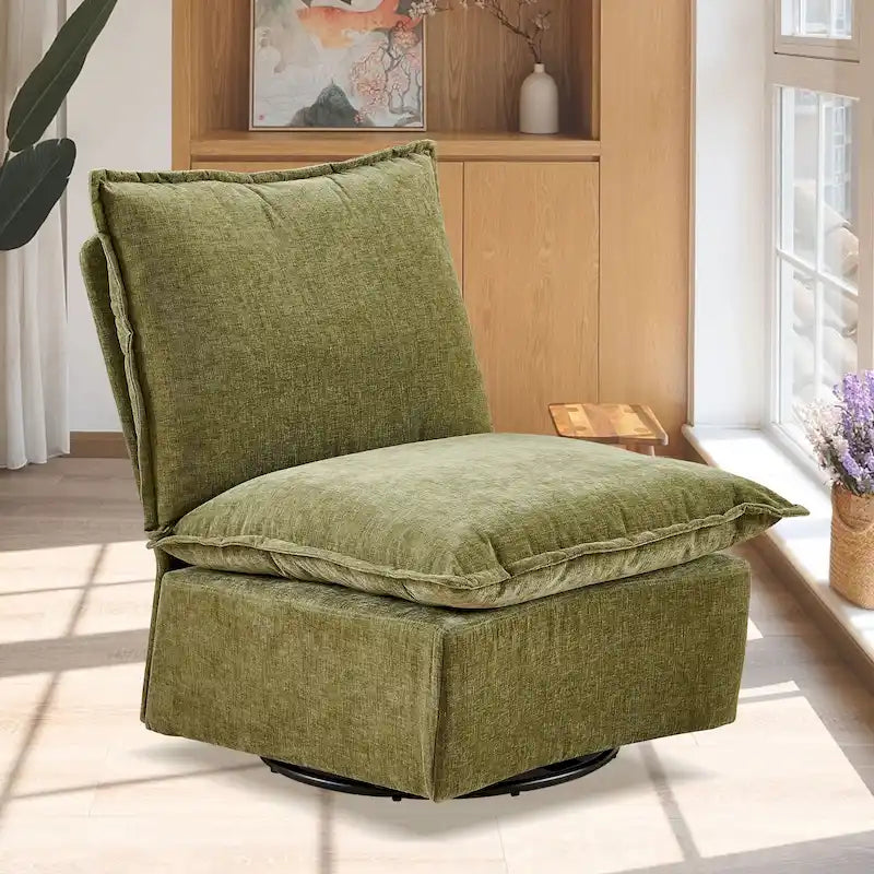 Fauteuil d'appoint pivotant en chenille verte avec piètement pivotant à 360 degrés