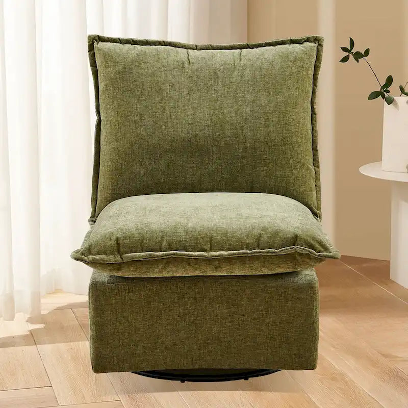 Fauteuil d'appoint pivotant en chenille verte avec piètement pivotant à 360 degrés
