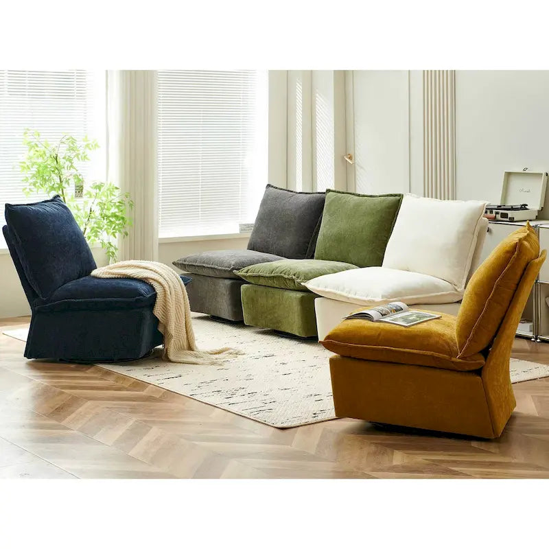 Fauteuil d'appoint pivotant en chenille verte avec piètement pivotant à 360 degrés