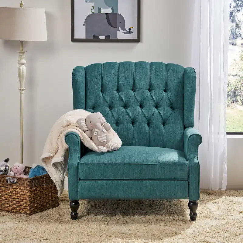 Fauteuil inclinable à dossier capitonné avec accoudoirs, clous décoratifs et mécanisme de poussée