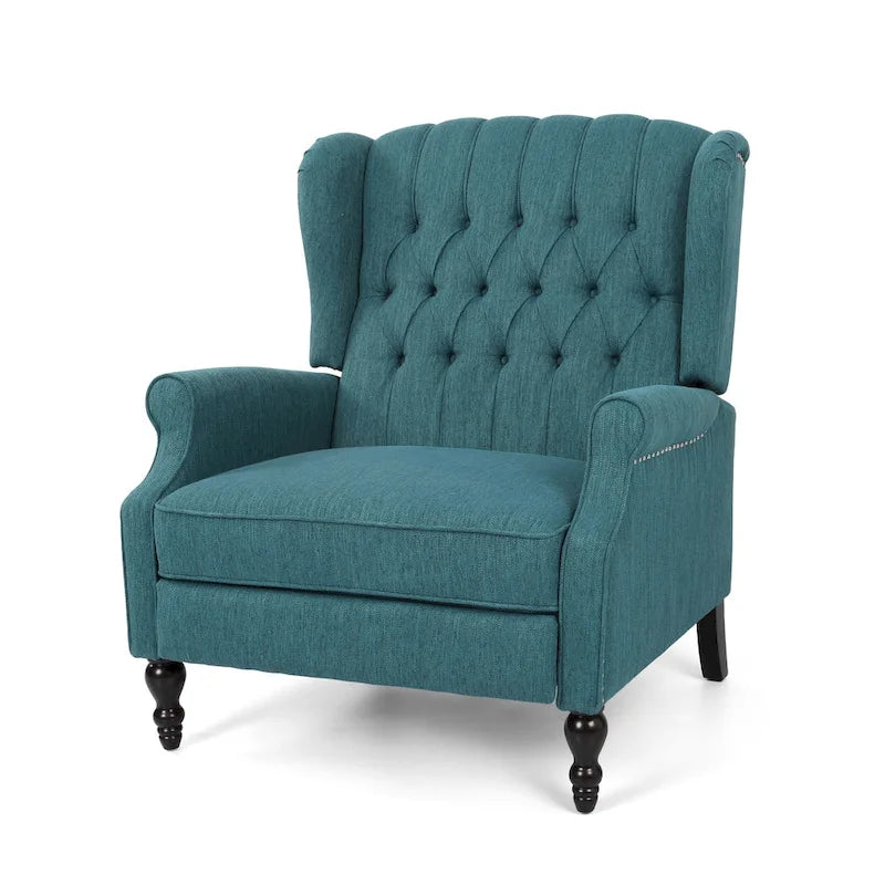 Fauteuil inclinable à dossier capitonné avec accoudoirs, clous décoratifs et mécanisme de poussée