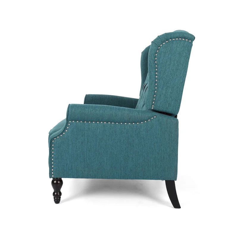 Fauteuil inclinable à dossier capitonné avec accoudoirs, clous décoratifs et mécanisme de poussée