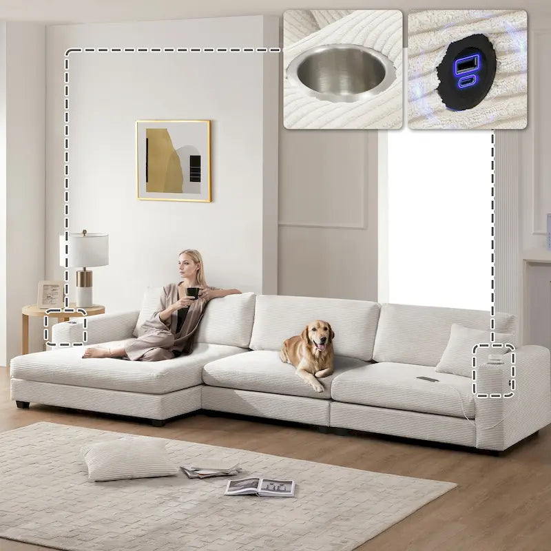 Canapé oversize moderne en velours côtelé avec porte-gobelets et ports USB