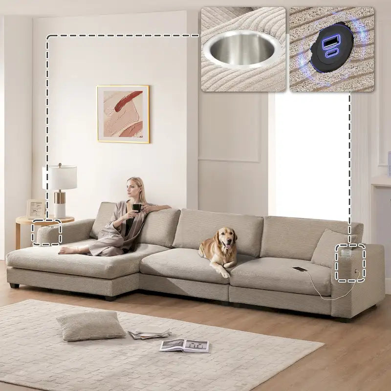 Canapé oversize moderne en velours côtelé avec porte-gobelets et ports USB