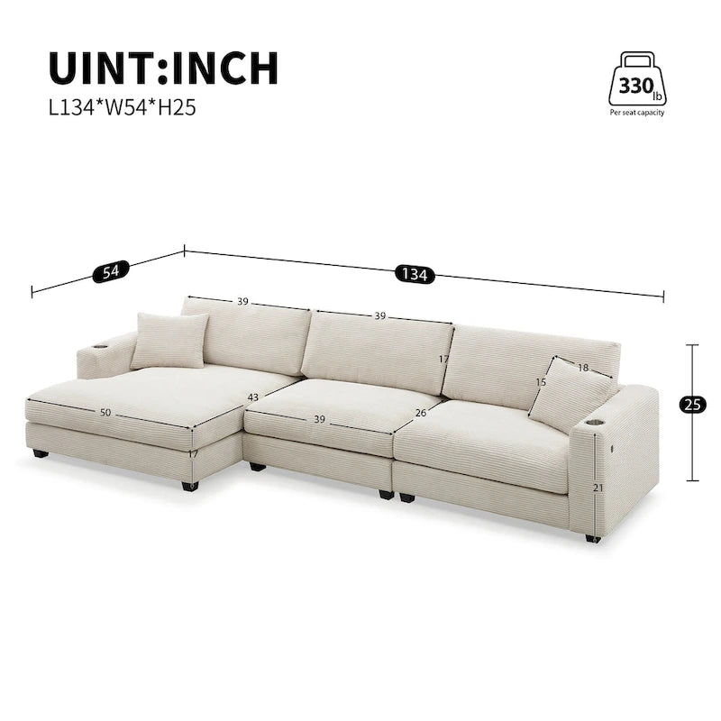 Canapé oversize moderne en velours côtelé avec porte-gobelets et ports USB