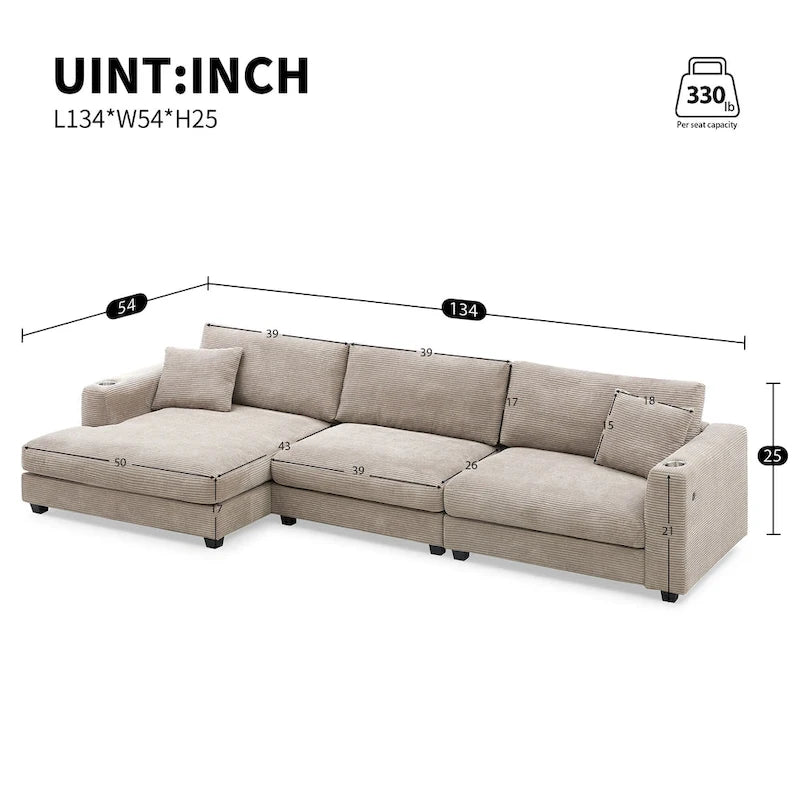 Canapé oversize moderne en velours côtelé avec porte-gobelets et ports USB
