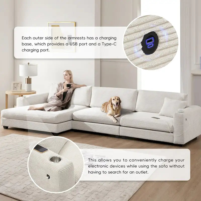 Canapé oversize moderne en velours côtelé avec porte-gobelets et ports USB