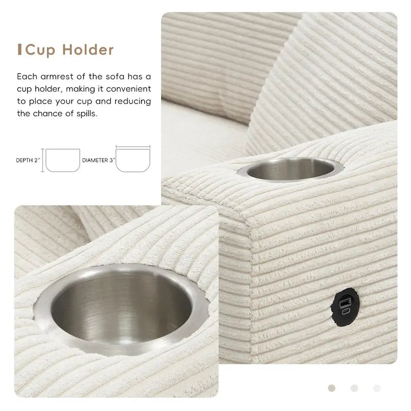 Canapé oversize moderne en velours côtelé avec porte-gobelets et ports USB