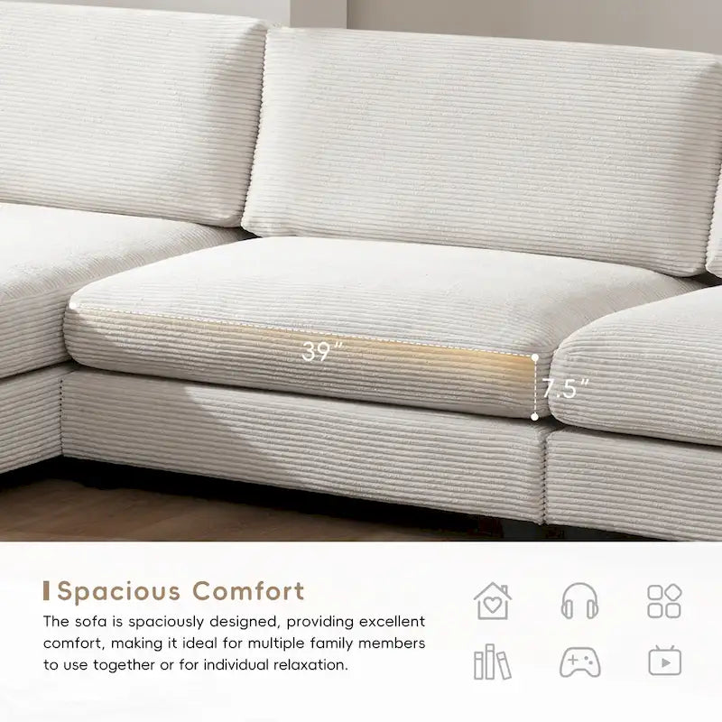 Canapé oversize moderne en velours côtelé avec porte-gobelets et ports USB