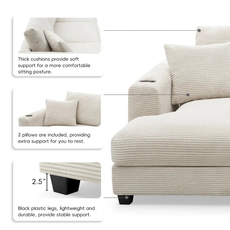 Canapé oversize moderne en velours côtelé avec porte-gobelets et ports USB