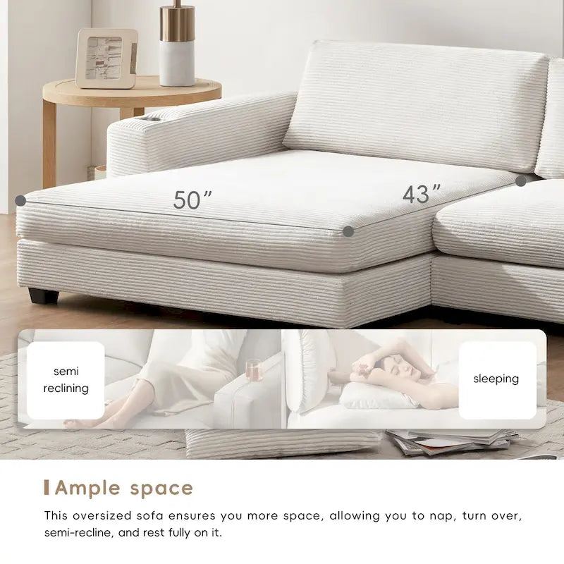 Canapé oversize moderne en velours côtelé avec porte-gobelets et ports USB