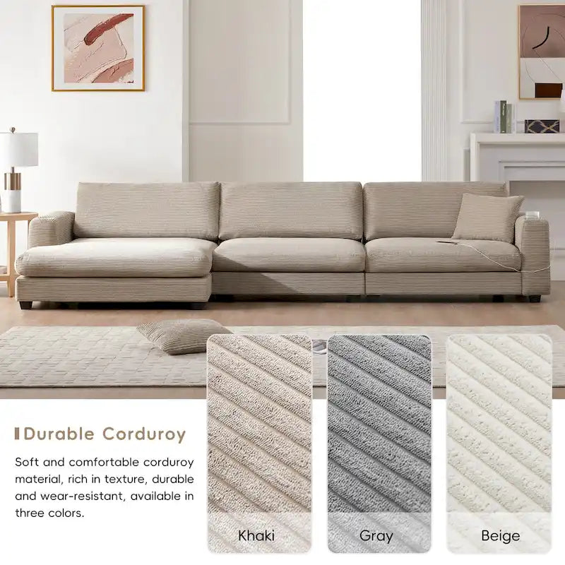 Canapé oversize moderne en velours côtelé avec porte-gobelets et ports USB