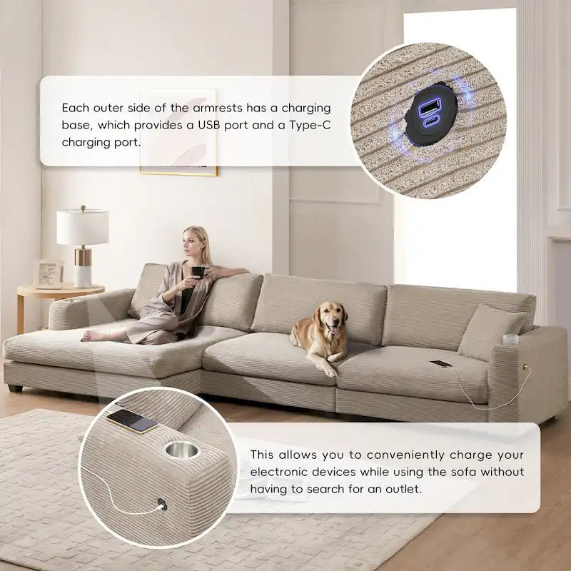 Canapé oversize moderne en velours côtelé avec porte-gobelets et ports USB