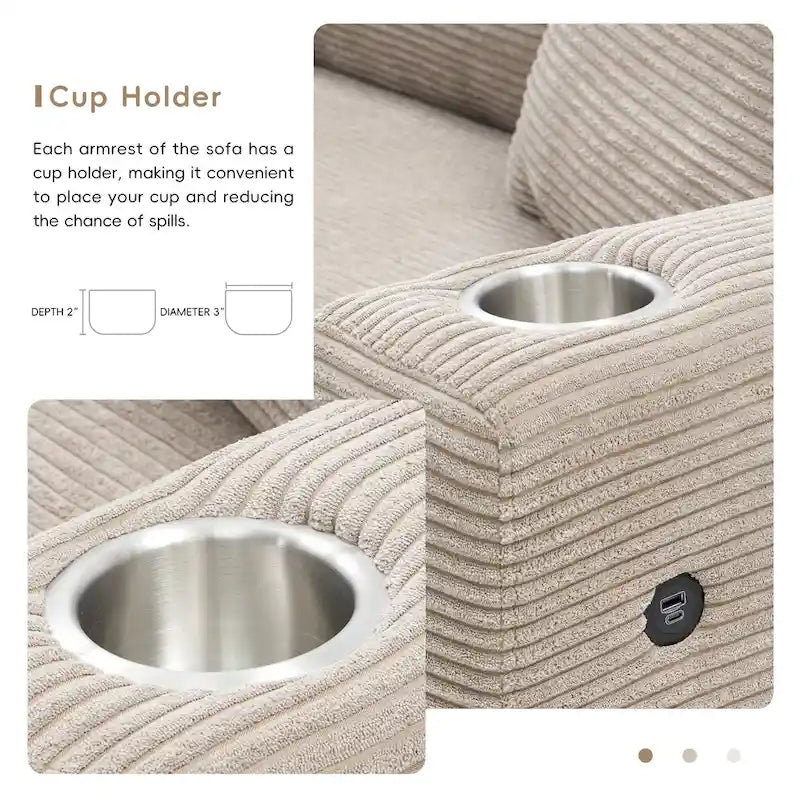 Canapé oversize moderne en velours côtelé avec porte-gobelets et ports USB