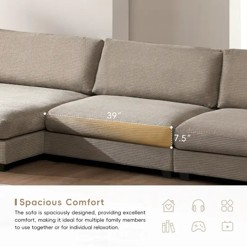 Canapé oversize moderne en velours côtelé avec porte-gobelets et ports USB