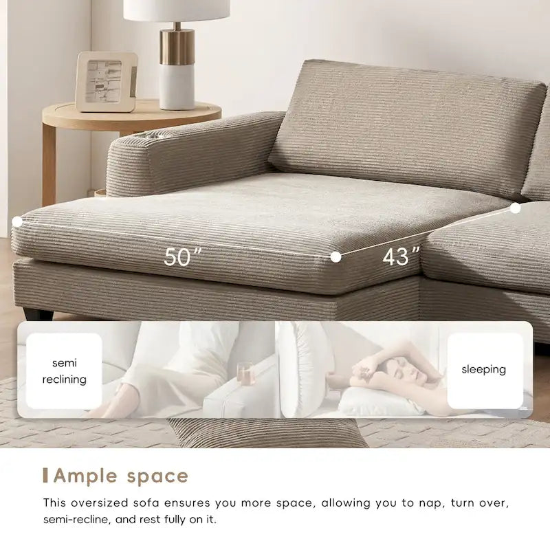 Canapé oversize moderne en velours côtelé avec porte-gobelets et ports USB