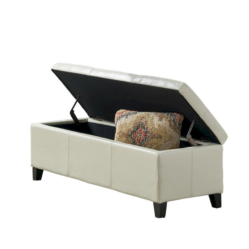 Banc de rangement ottoman en similicuir ivoire, couvercle capitonné avec rangement 51 pouces