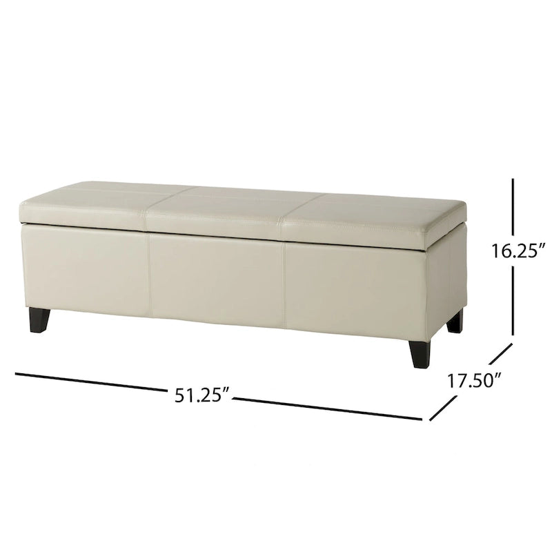 Banc de rangement ottoman en similicuir ivoire, couvercle capitonné avec rangement 51 pouces
