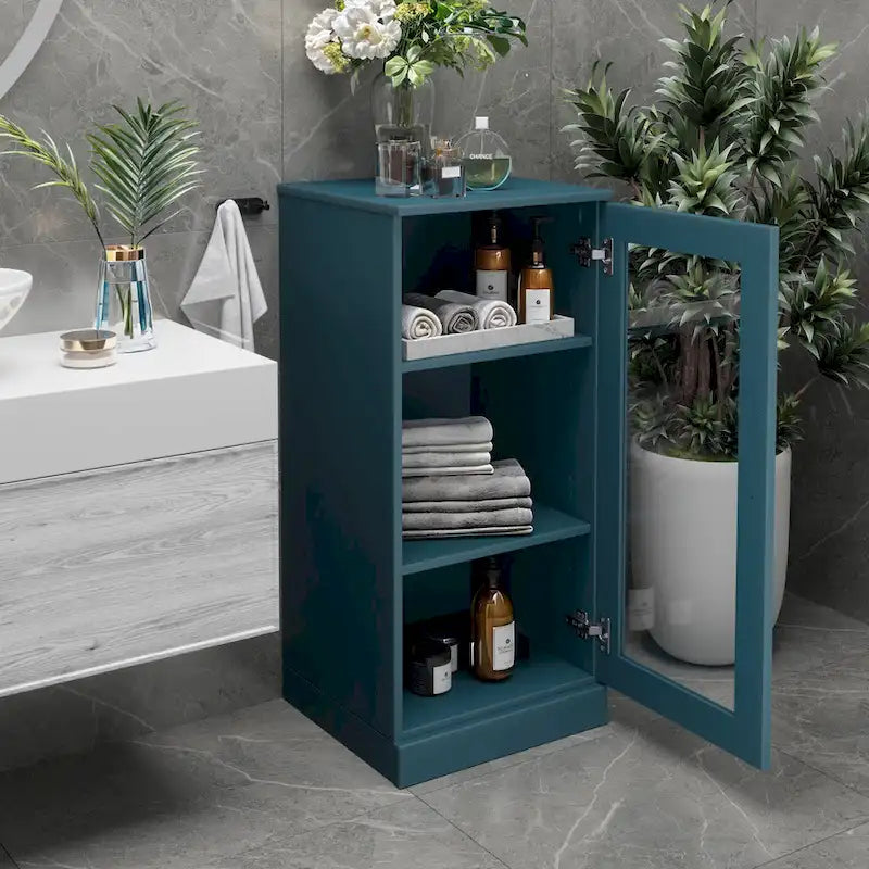 Meuble de salle de bain 100 % bois massif de 42 cm avec étagères réglables et portes en option