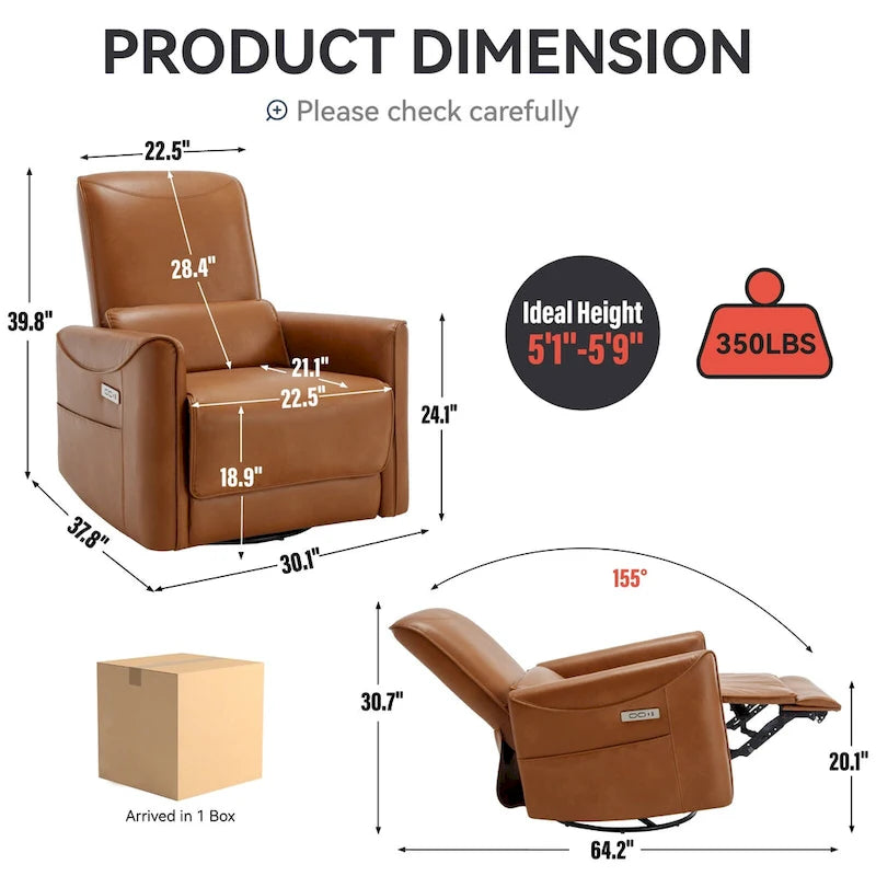 Fauteuil inclinable, pivotant et berçant ergonomique avec chargement USB