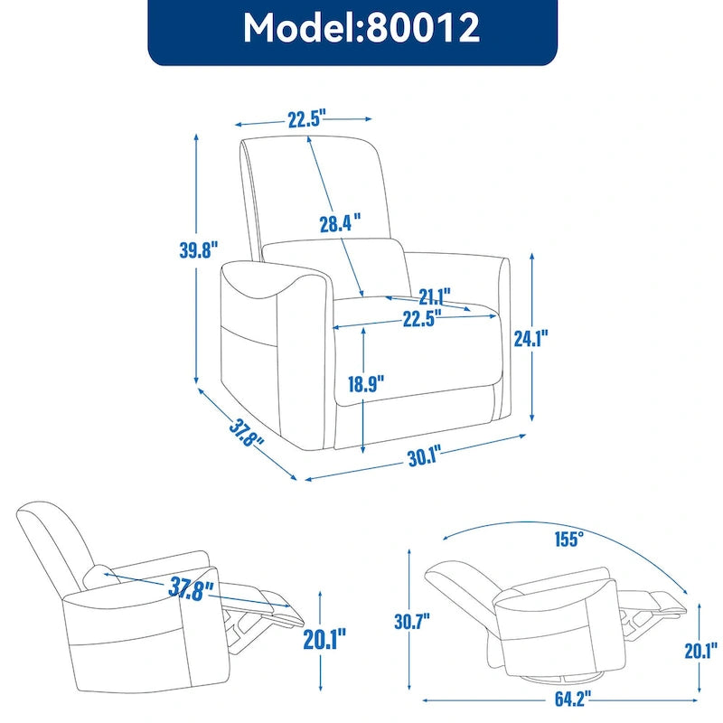 Fauteuil inclinable, pivotant et berçant ergonomique avec chargement USB