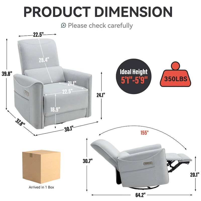 Fauteuil inclinable, pivotant et berçant ergonomique avec chargement USB