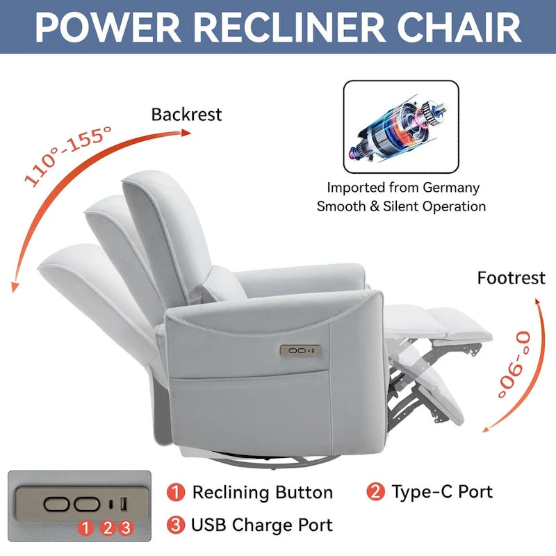 Fauteuil inclinable, pivotant et berçant ergonomique avec chargement USB