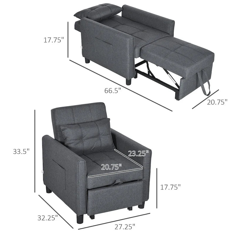 Canapé-lit convertible simple en polyester gris foncé avec dossier réglable