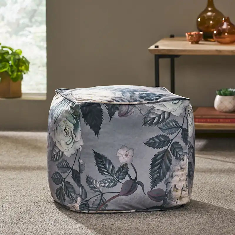 Pouf cube imprimé de fleurs en tissu traditionnel avec rembourrage en billes de polystyrène