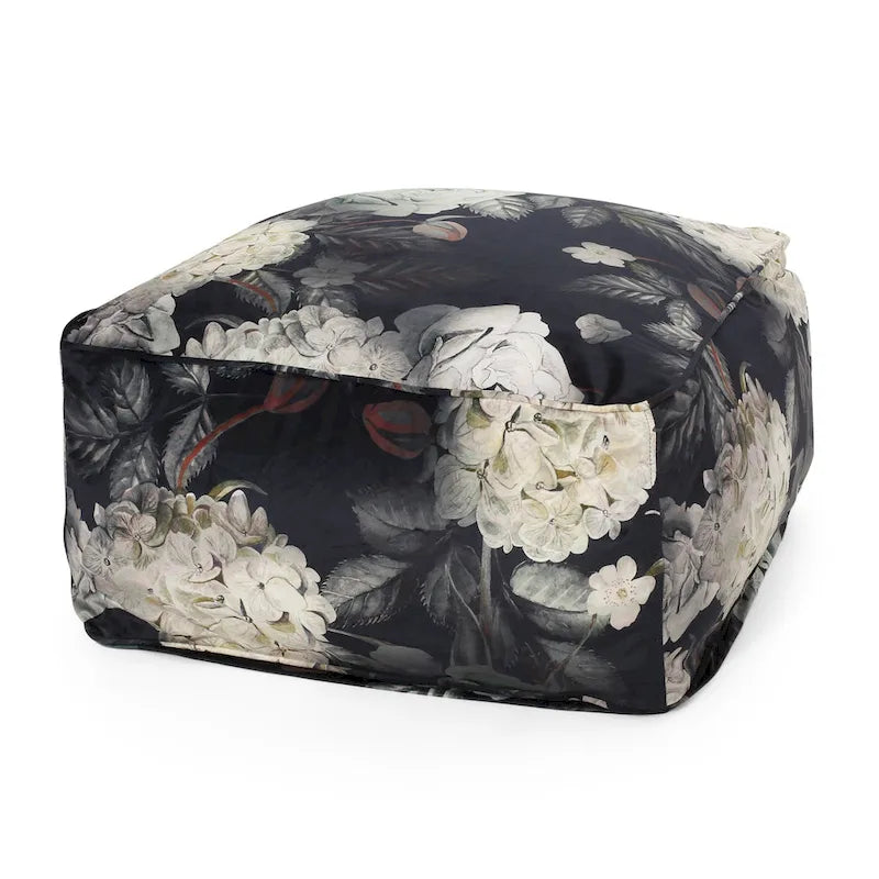 Pouf cube imprimé de fleurs en tissu traditionnel avec rembourrage en billes de polystyrène