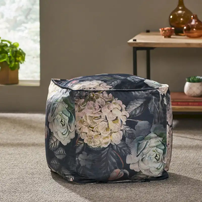 Pouf cube imprimé de fleurs en tissu traditionnel avec rembourrage en billes de polystyrène