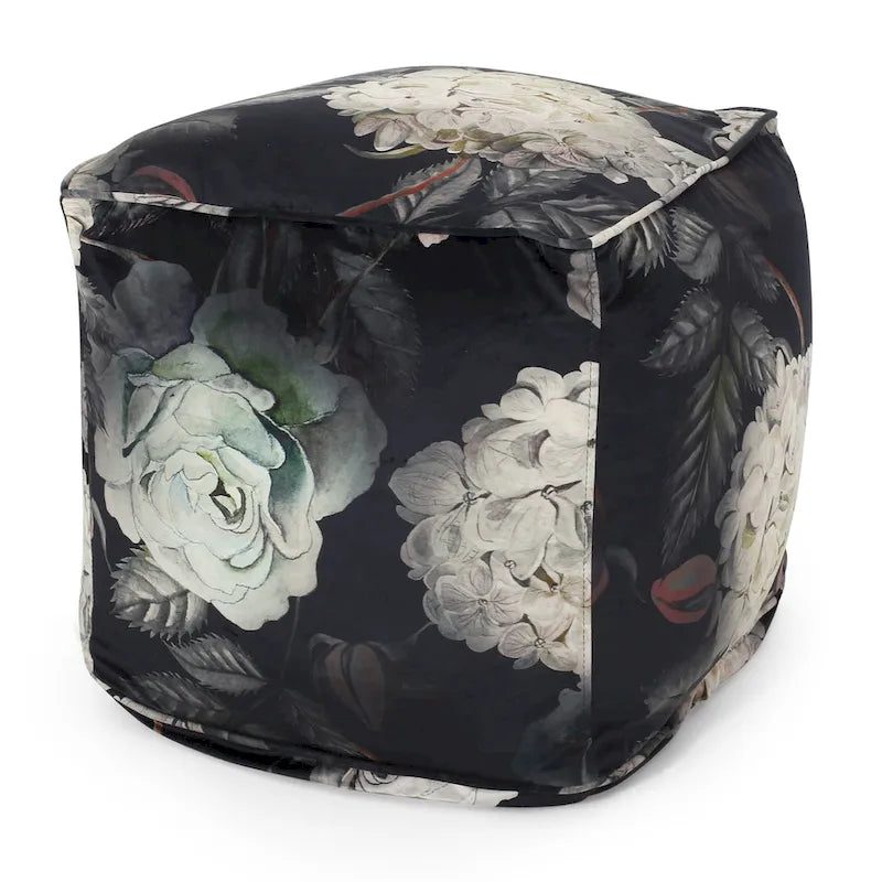 Pouf cube imprimé de fleurs en tissu traditionnel avec rembourrage en billes de polystyrène