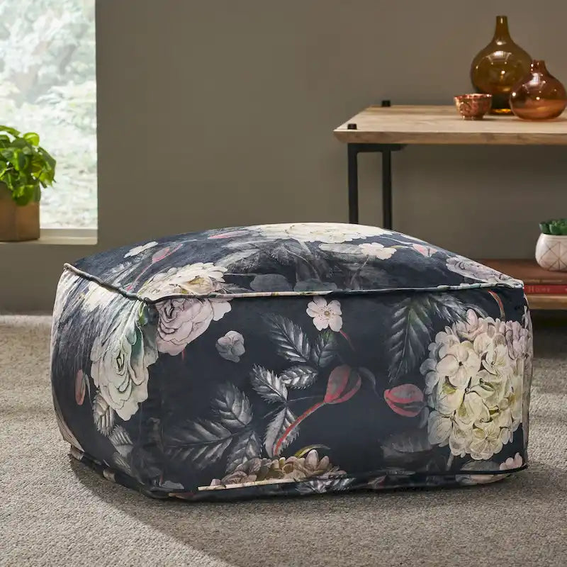 Pouf cube imprimé de fleurs en tissu traditionnel avec rembourrage en billes de polystyrène