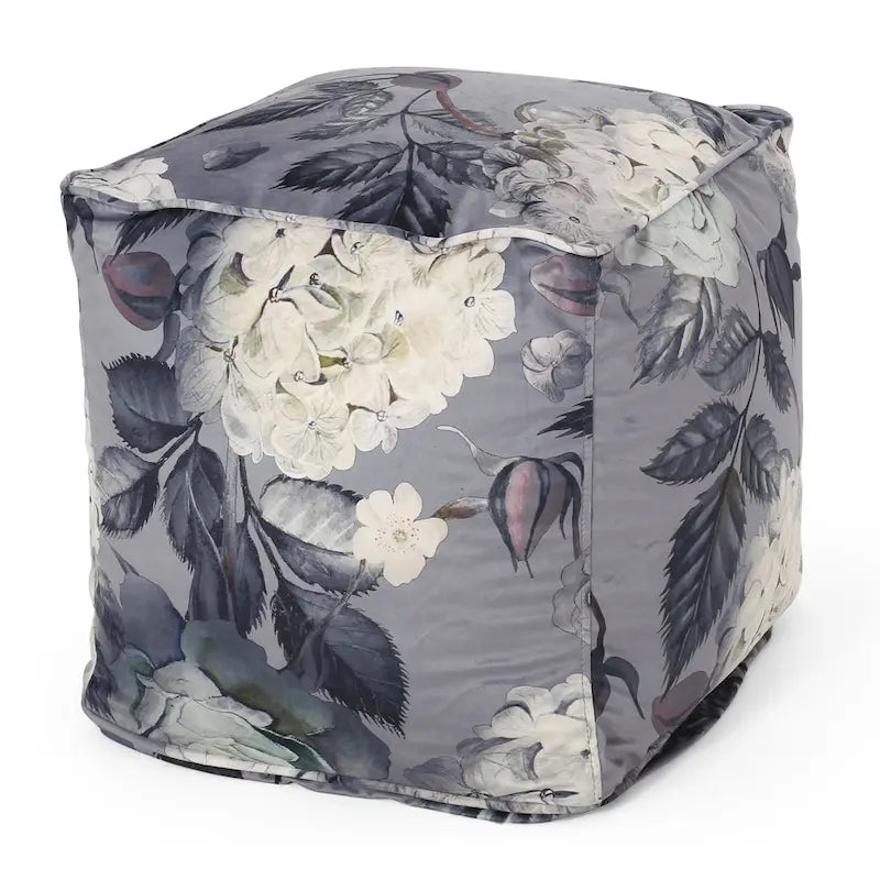 Pouf cube imprimé de fleurs en tissu traditionnel avec rembourrage en billes de polystyrène