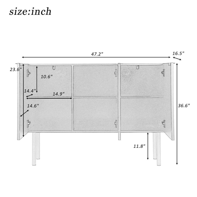 Buffet moderne avec pieds en métal doré et étagères réglables