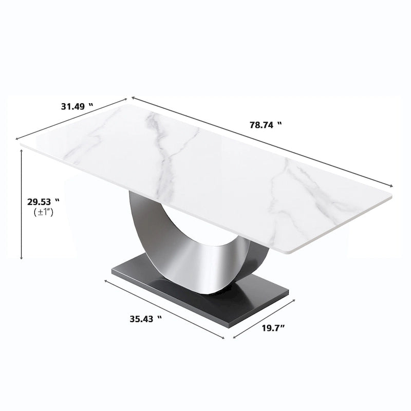 Table de salle à manger moderne rectangulaire en pierre frittée avec piétement piédestal en U