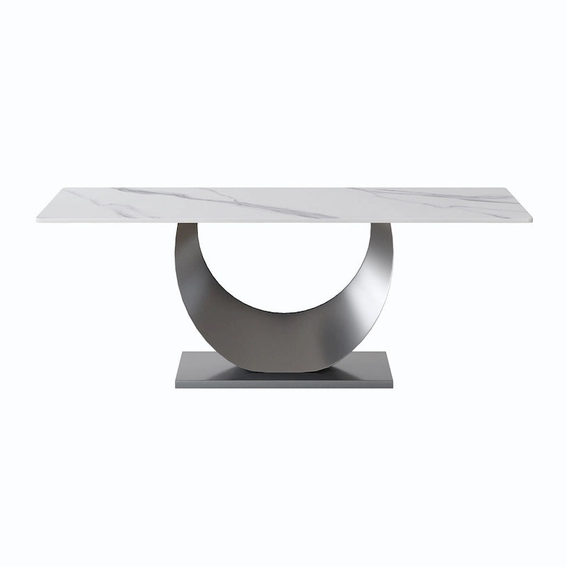 Table de salle à manger moderne rectangulaire en pierre frittée avec piétement piédestal en U