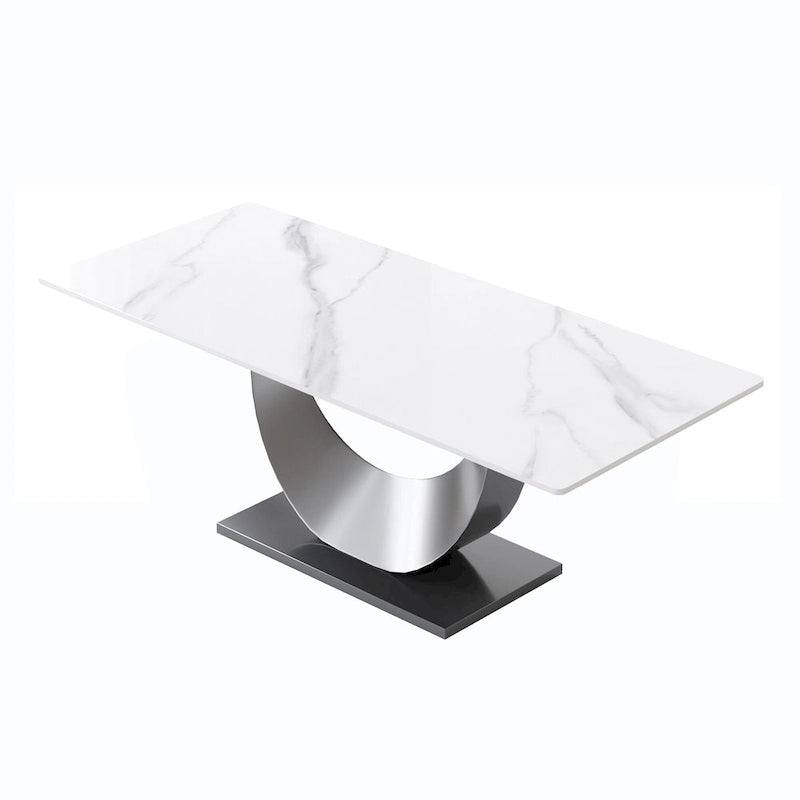 Table de salle à manger moderne rectangulaire en pierre frittée avec piétement piédestal en U
