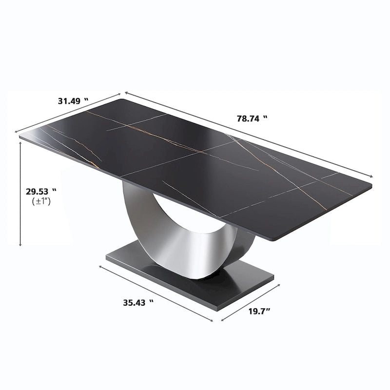 Table de salle à manger moderne rectangulaire en pierre frittée avec piétement piédestal en U