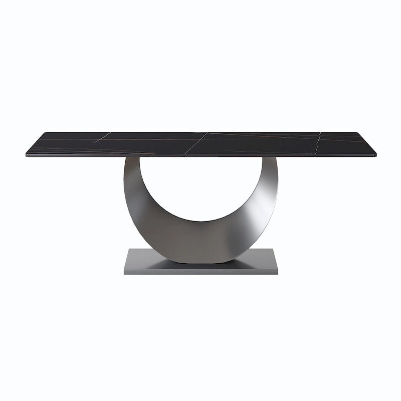 Table de salle à manger moderne rectangulaire en pierre frittée avec piétement piédestal en U
