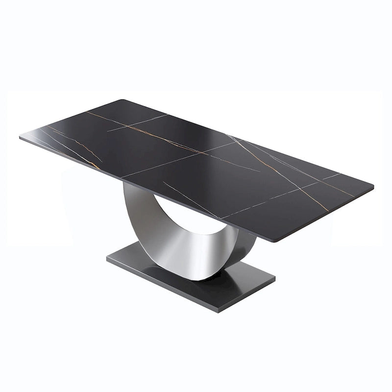 Table de salle à manger moderne rectangulaire en pierre frittée avec piétement piédestal en U