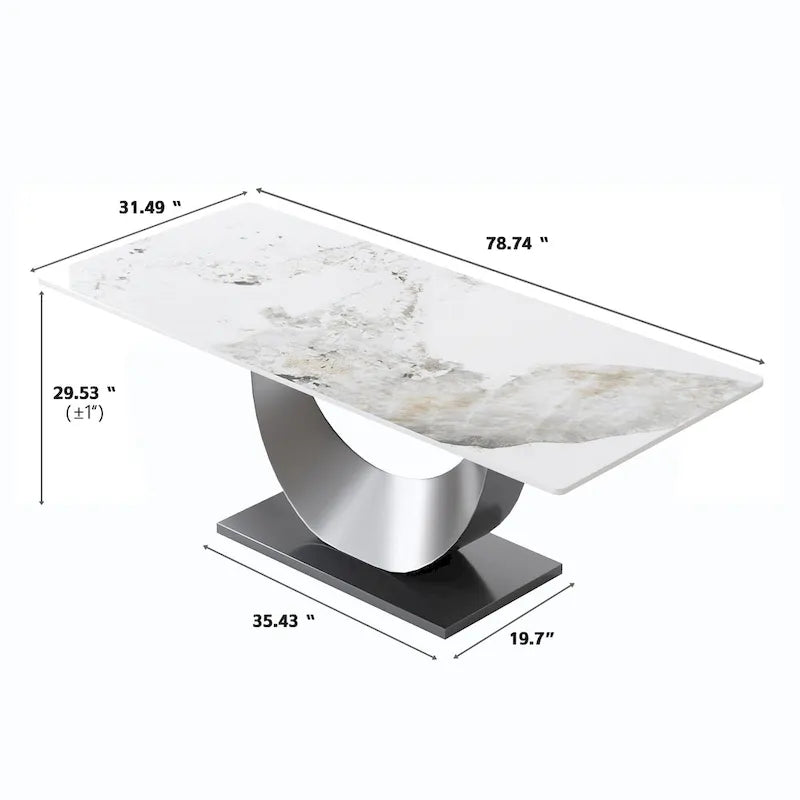 Table de salle à manger moderne rectangulaire en pierre frittée avec piétement piédestal en U