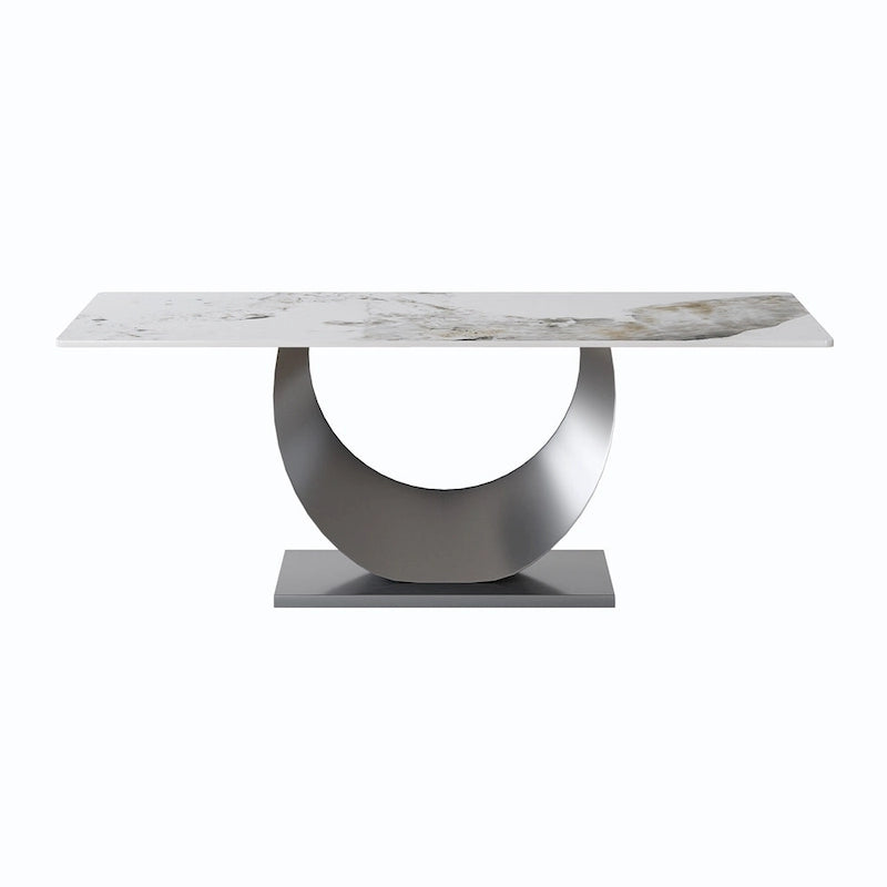 Table de salle à manger moderne rectangulaire en pierre frittée avec piétement piédestal en U