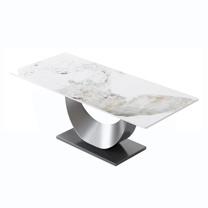 Table de salle à manger moderne rectangulaire en pierre frittée avec piétement piédestal en U
