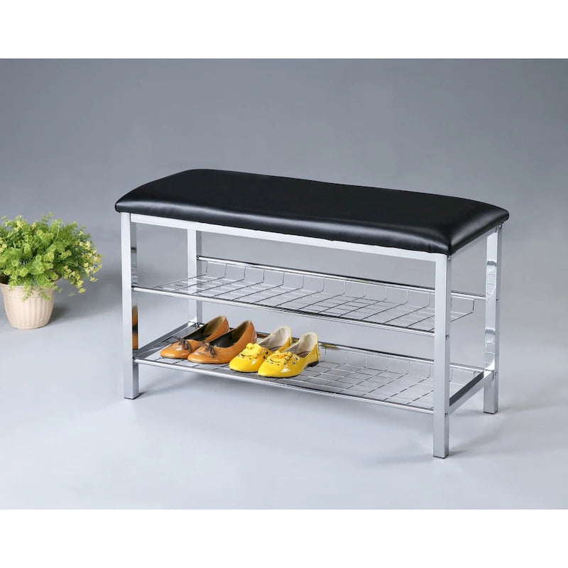 Banc à chaussures en métal avec assise en similicuir, chrome et noir