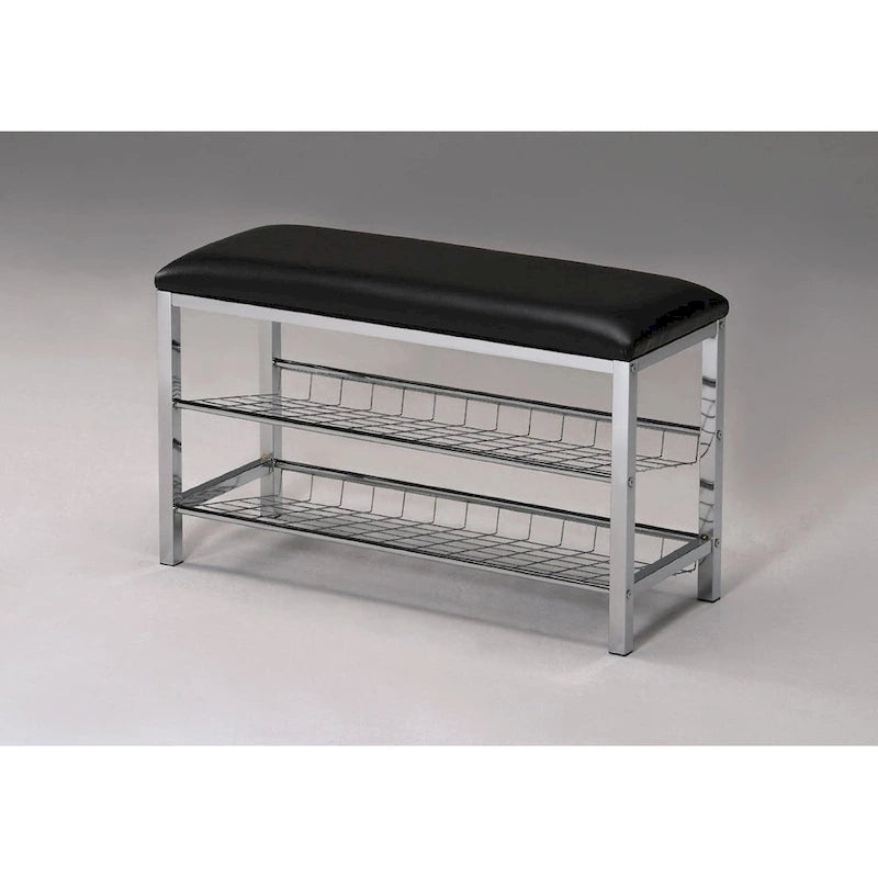Banc à chaussures en métal avec assise en similicuir, chrome et noir