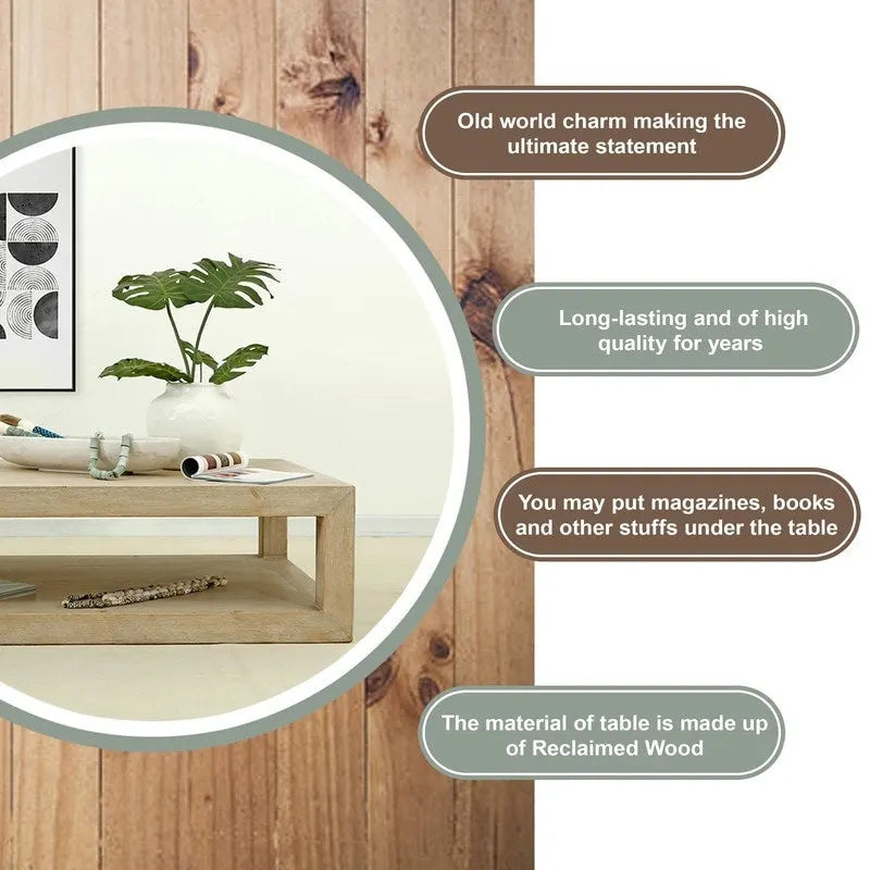 Table basse en bois vieilli blanchi avec étagère inférieure