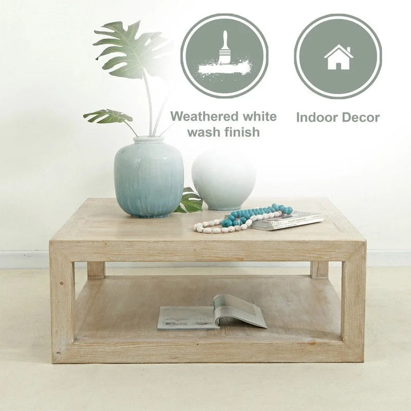 Table basse en bois vieilli blanchi avec étagère inférieure