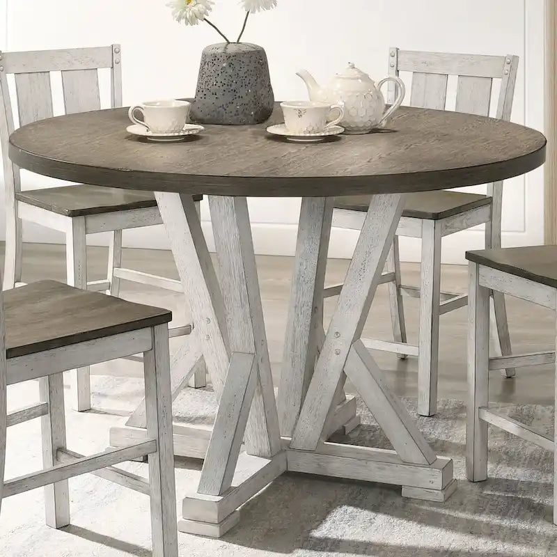 Table à manger ronde de 48 pouces à hauteur de comptoir avec base piédestal à tréteaux de style ferme
