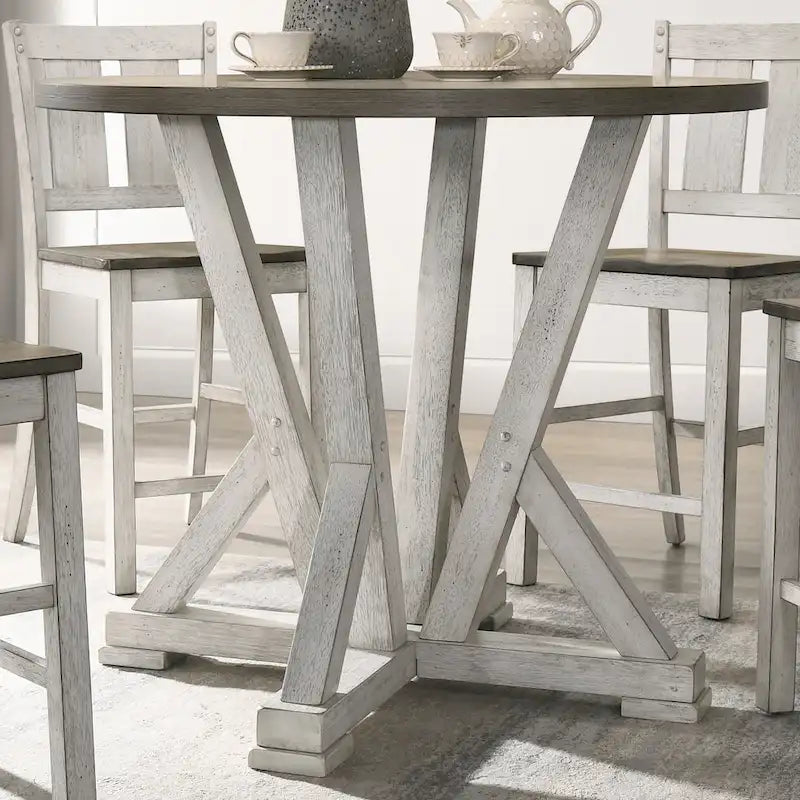 Table à manger ronde de 48 pouces à hauteur de comptoir avec base piédestal à tréteaux de style ferme